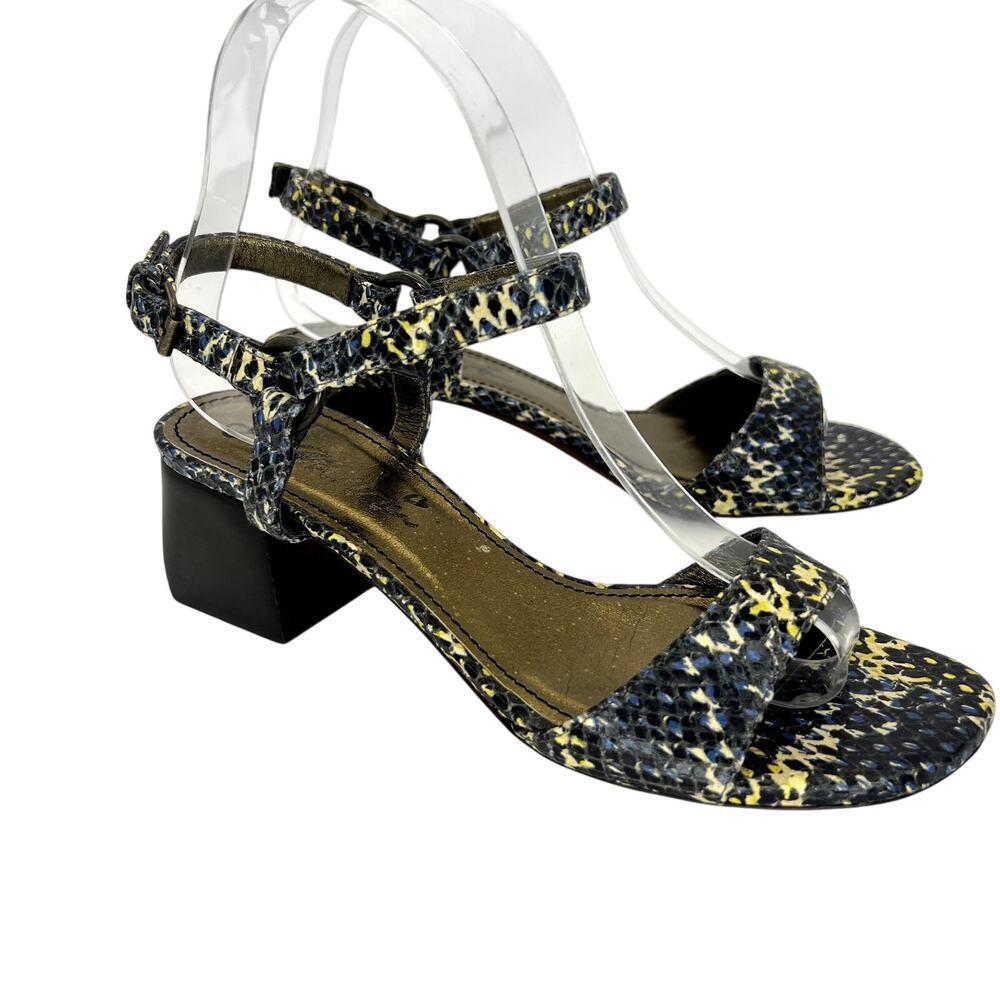 Lanvin Italian Snakeskin Low Block Heel Sandal Ankle Strap Blue Yellow 37.5